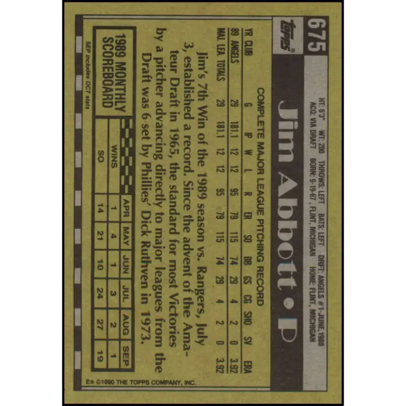 1990 Topps #675 Jim Abbott NM-MT California Angels Baseball Card - Baseball Card Single