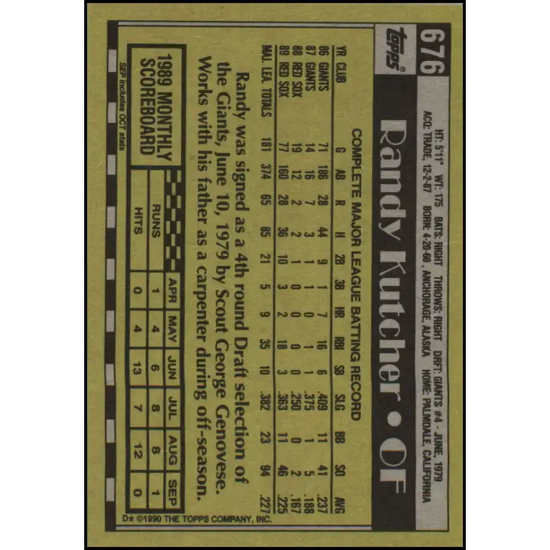 1990 Topps #676 Randy Kutcher NM-MT Boston Red Sox Baseball Card - Baseball Card Single