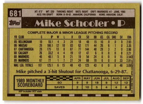 1990 Topps #681 Mike Schooler EX/NM Mariners ID:43439 - Baseball Card Single