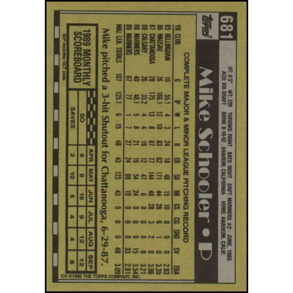 1990 Topps #681 Mike Schooler NM-MT Seattle Mariners Baseball Card - Baseball Card Single