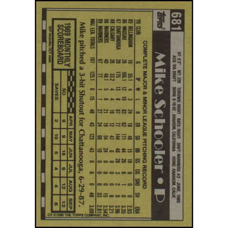 1990 Topps #681 Mike Schooler NM-MT Seattle Mariners Baseball Card - Baseball Card Single