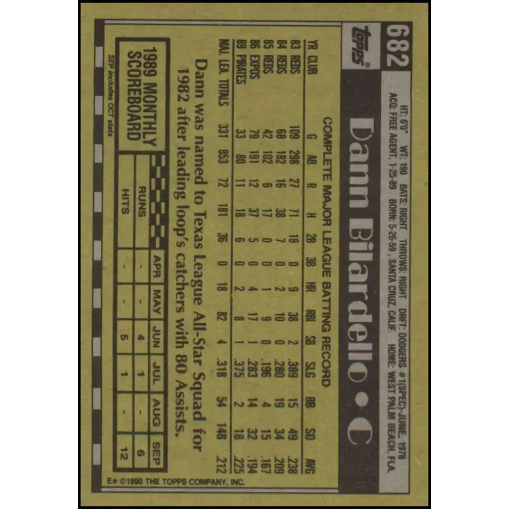 1990 Topps #682 Dann Bilardello NM-MT Pittsburgh Pirates Baseball Card - Baseball Card Single