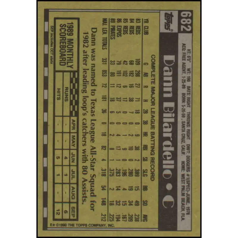 1990 Topps #682 Dann Bilardello NM-MT Pittsburgh Pirates Baseball Card - Baseball Card Single