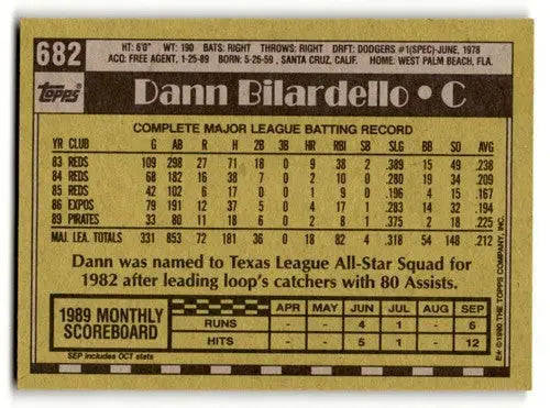 Original gloss Dann Bilardello Pittsburgh Pirates baseball card from 1990 Topps #682