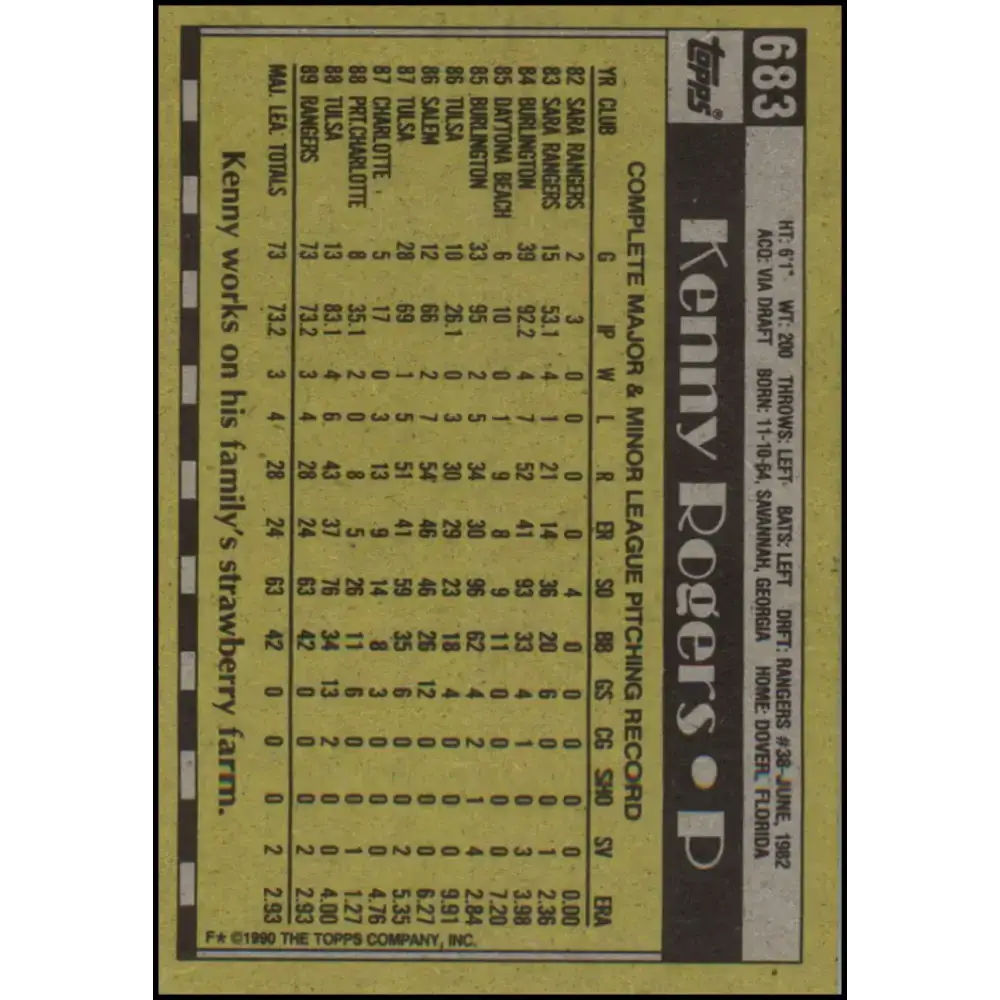 1990 Topps #683 Kenny Rogers NM-MT Texas Rangers Baseball Card - Baseball Card Single