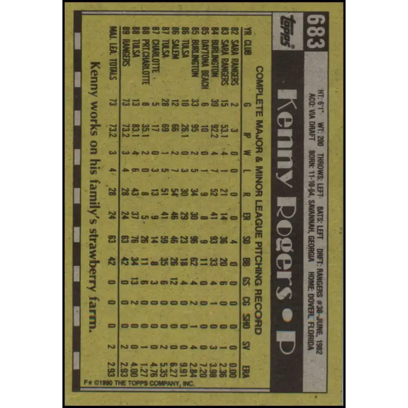 1990 Topps #683 Kenny Rogers NM-MT Texas Rangers Baseball Card - Baseball Card Single