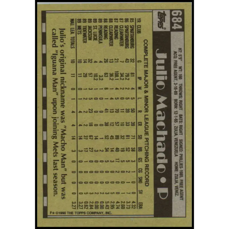 1990 Topps #684 Julio Machado NM-MT RC Rookie New York Mets Baseball Card - Baseball Card Single