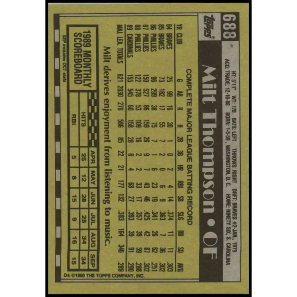 1990 Topps #688 Milt Thompson NM-MT St. Louis Cardinals Baseball Card - Baseball Card Single