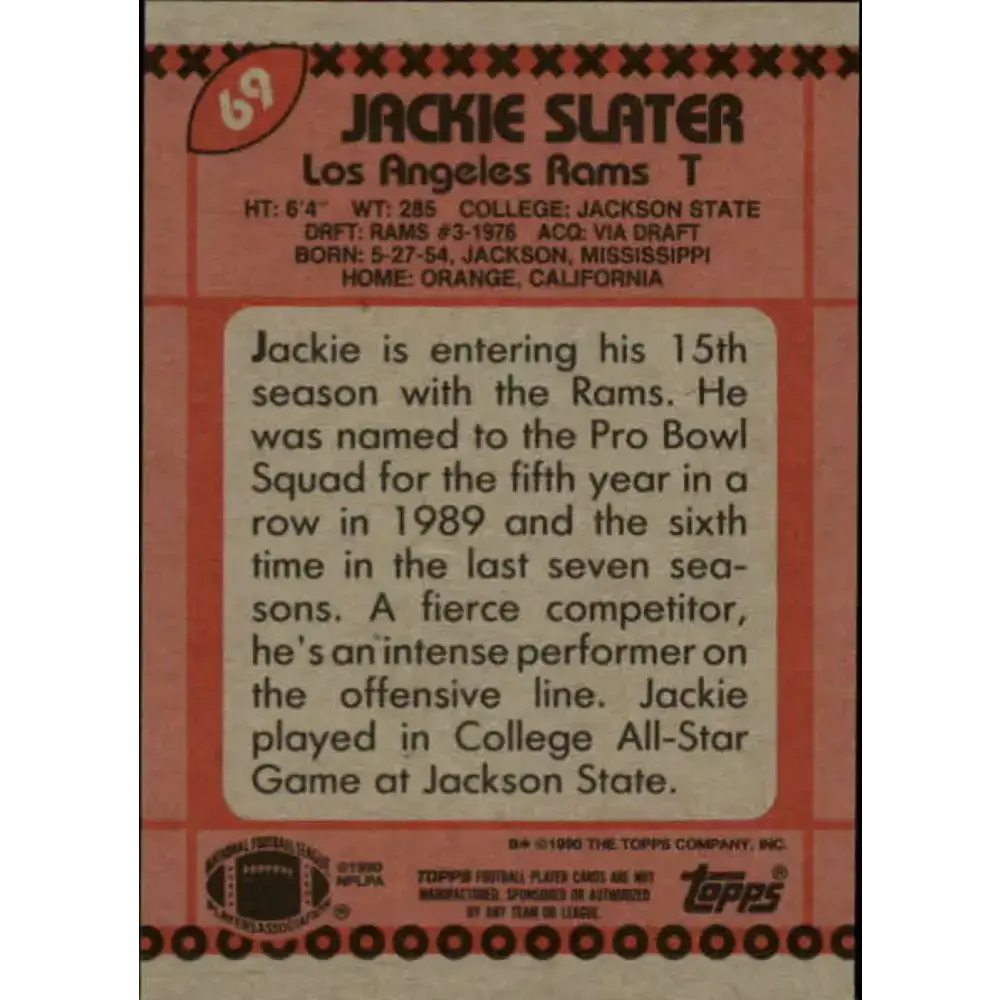 1990 Topps #69 Jackie Slater EX Excellent Los Angeles Rams Football Card - Football Card Single