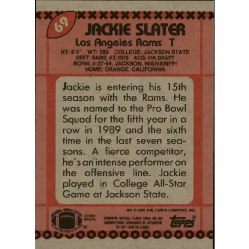 1990 Topps #69 Jackie Slater EX Excellent Los Angeles Rams Football Card - Football Card Single
