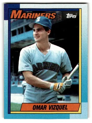 Original gloss 1990 Topps Omar Vizquel Seattle Mariners baseball card showing Vizquel Seattle Mariners player