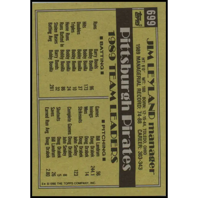 1990 Topps #699 Jim Leyland MG NM-MT Pittsburgh Pirates Baseball Card - Baseball Card Single
