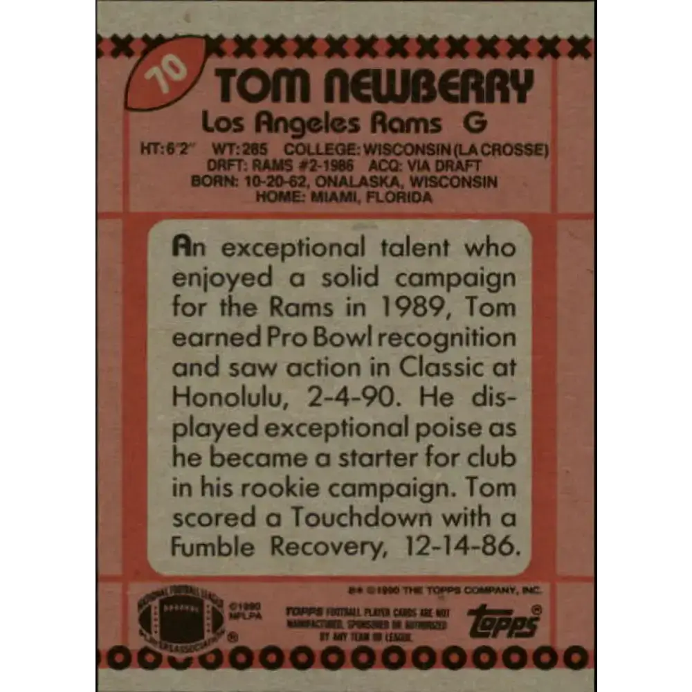 1990 Topps #70 Tom Newberry EX Excellent Los Angeles Rams Football Card - Football Card Single