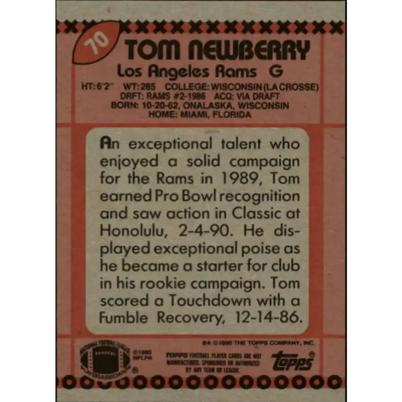 1990 Topps #70 Tom Newberry EX Excellent Los Angeles Rams Football Card - Football Card Single