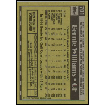 1990 Topps #701 Bernie Williams NM-MT RC Rookie New York Yankees Baseball Card