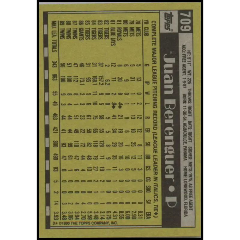 1990 Topps #709 Juan Berenguer NM-MT Minnesota Twins Baseball Card - Baseball Card Single