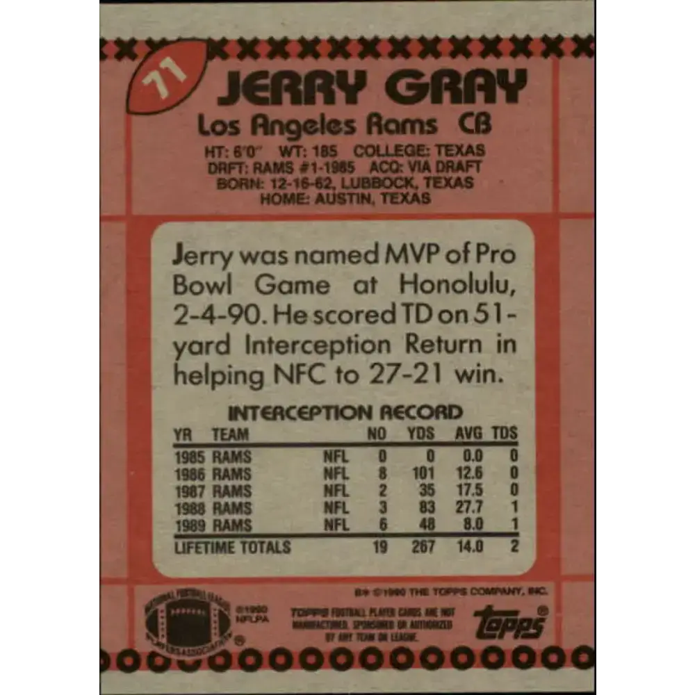 1990 Topps #71 Jerry Gray EX Excellent Los Angeles Rams Football Card - Football Card Single