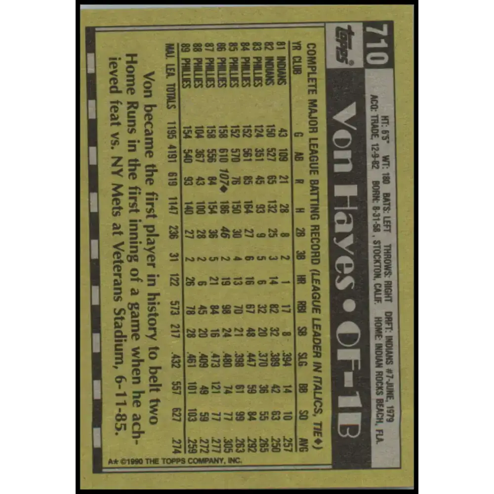 1990 Topps #710 Von Hayes NM-MT Philadelphia Phillies Baseball Card - Baseball Card Single