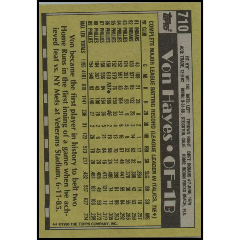 1990 Topps #710 Von Hayes NM-MT Philadelphia Phillies Baseball Card - Baseball Card Single