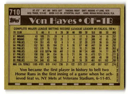 1990 Topps #710 Von Hayes Philadelphia Phillies Baseball Cards EX/NM ID:55043 - Baseball Card Single