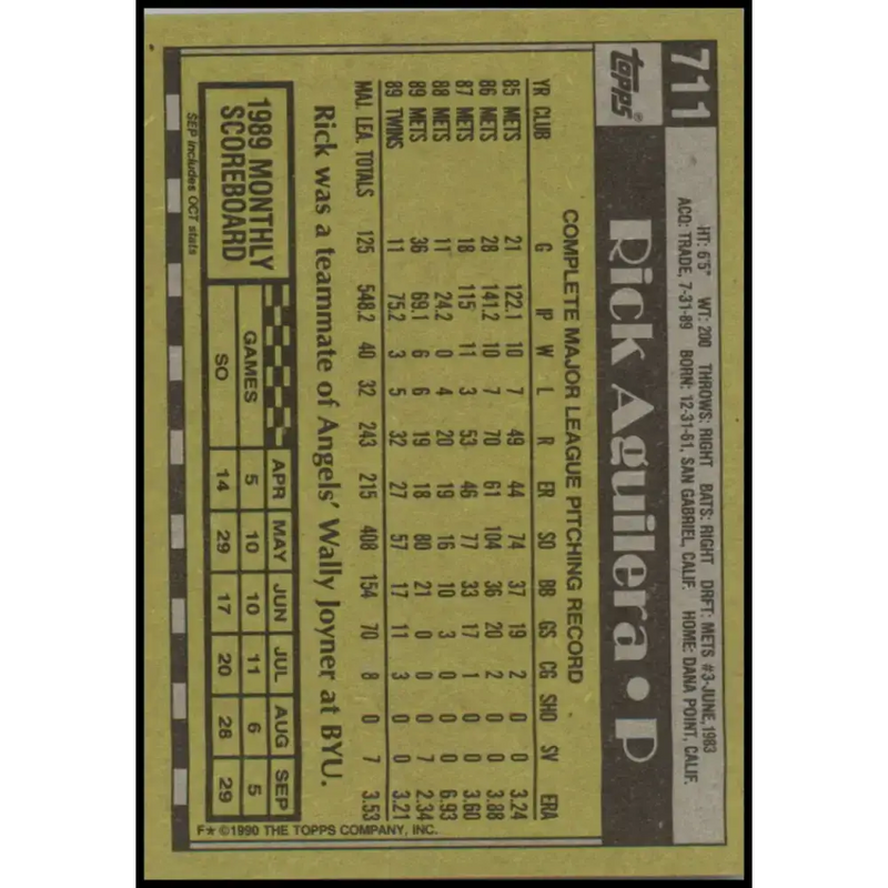 1990 Topps #711 Rick Aguilera NM-MT Minnesota Twins Baseball Card - Baseball Card Single