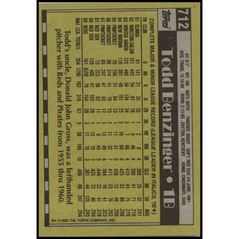 1990 Topps #712 Todd Benzinger NM-MT Cincinnati Reds Baseball Card - Baseball Card Single