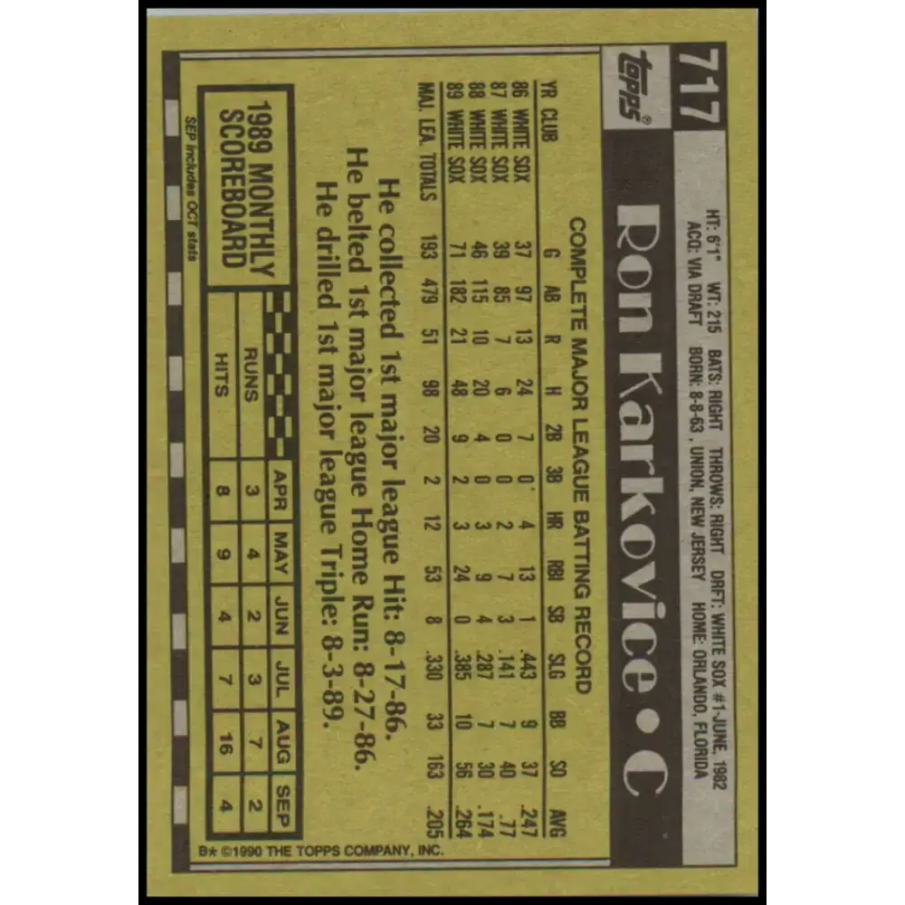 1990 Topps #717 Ron Karkovice NM-MT Chicago White Sox Baseball Card - Baseball Card Single