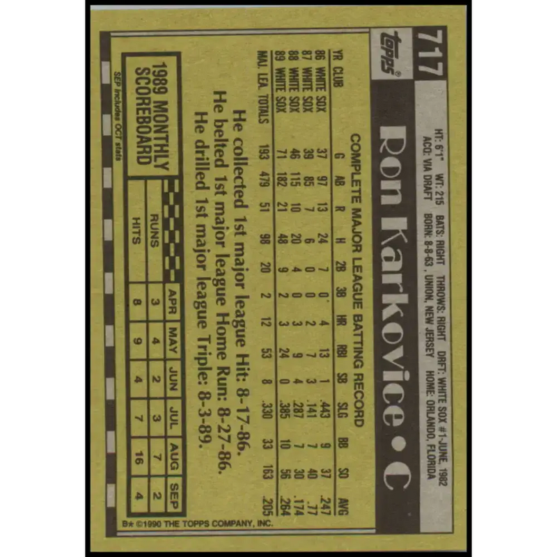 1990 Topps #717 Ron Karkovice NM-MT Chicago White Sox Baseball Card - Baseball Card Single