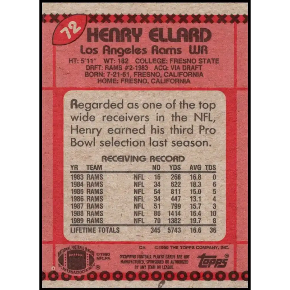 1990 Topps #72 Henry Ellard EX Excellent Los Angeles Rams Football Card