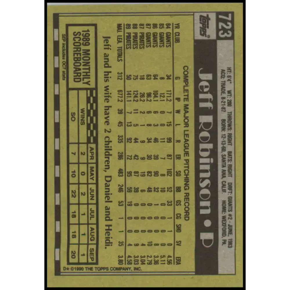 1990 Topps #723 Jeff Robinson NM-MT Pittsburgh Pirates Baseball Card - Baseball Card Single
