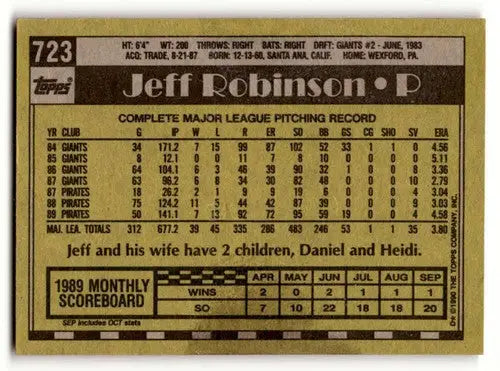 1990 Topps #723 Jeff Robinson Pittsburgh Pirates Baseball Cards EX/N ID:55628 - Baseball Card Single