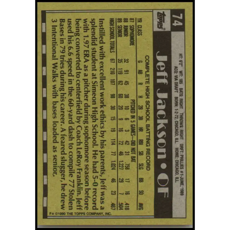 1990 Topps #74 Jeff Jackson FDP NM-MT RC Rookie Philadelphia Phillies Baseball Card - Baseball Card Single