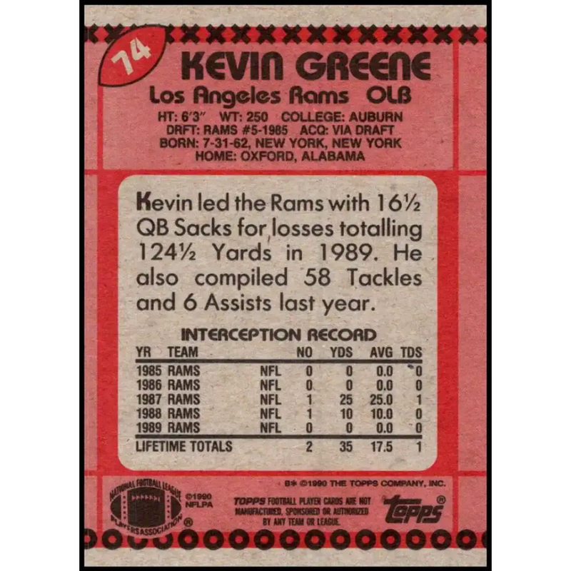 1990 Topps #74 Kevin Greene EX Excellent Los Angeles Rams Football Card - Football Card Single