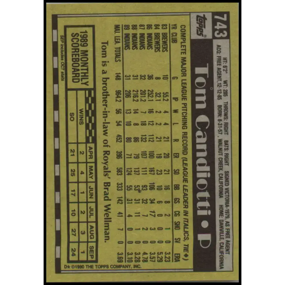 1990 Topps #743 Tom Candiotti NM-MT Cleveland Indians Baseball Card - Baseball Card Single
