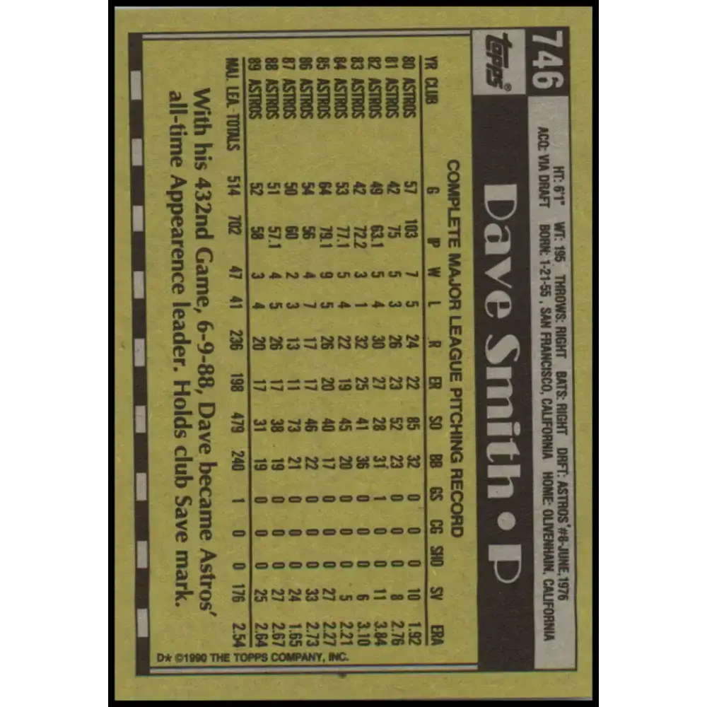 1990 Topps #746 Dave Smith NM-MT Houston Astros Baseball Card - Baseball Card Single