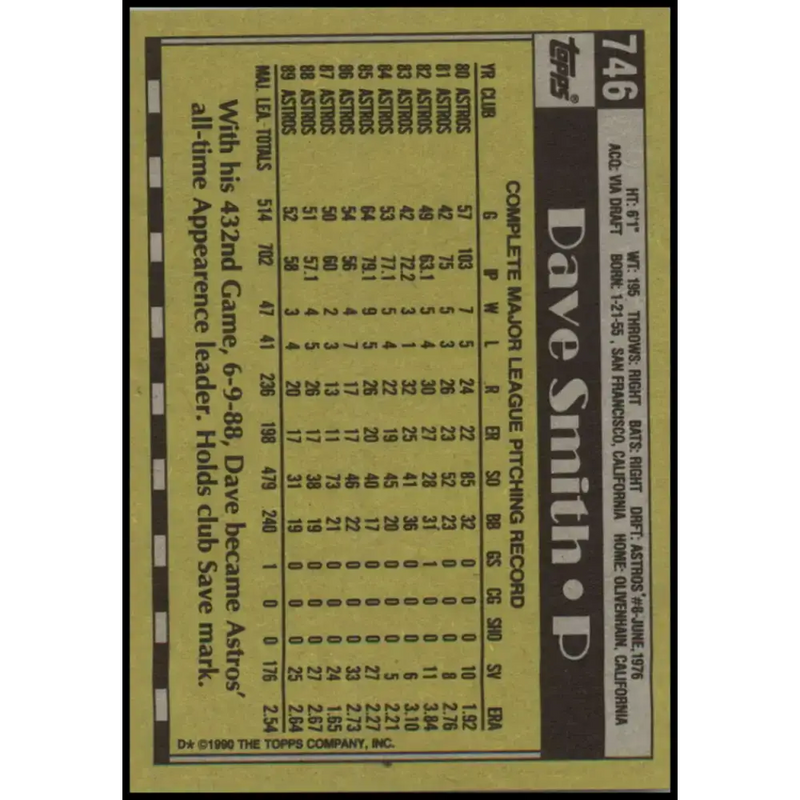 1990 Topps #746 Dave Smith NM-MT Houston Astros Baseball Card - Baseball Card Single