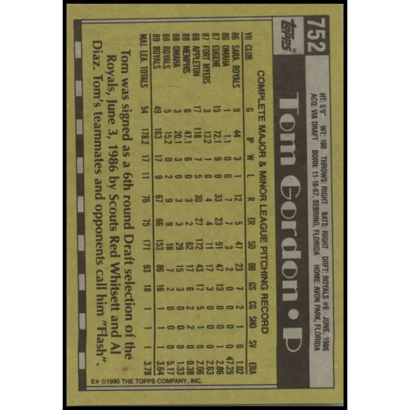 1990 Topps #752 Tom Gordon NM-MT Kansas City Royals Baseball Card - Baseball Card Single