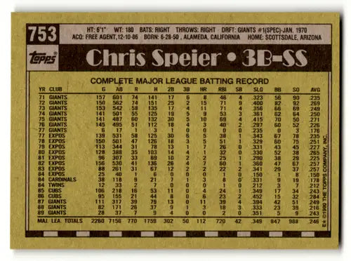 Vintage baseball card featuring Chris Speier with original gloss from 1990 Topps Giants
