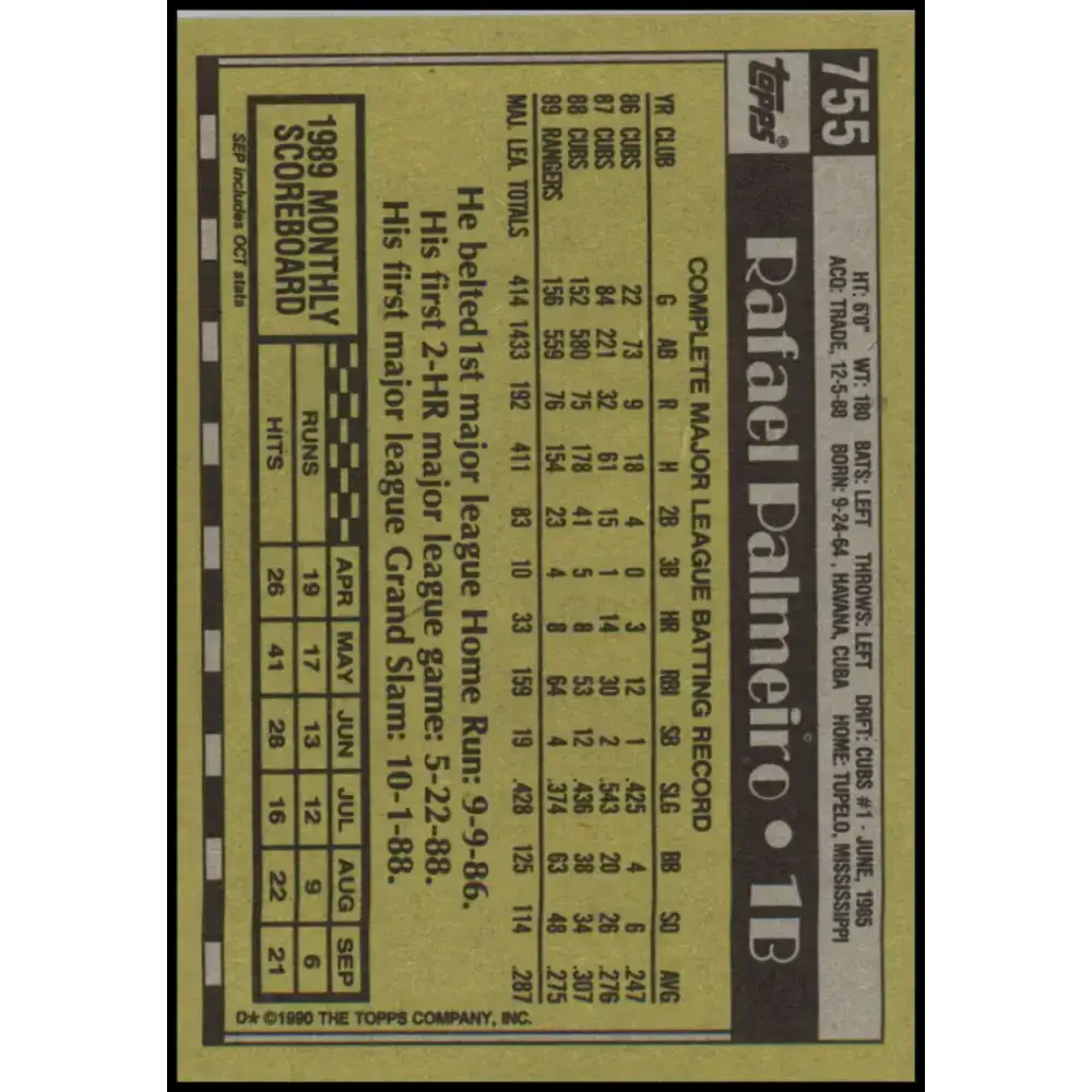 1990 Topps #755 Rafael Palmeiro NM-MT Texas Rangers Baseball Card - Baseball Card Single