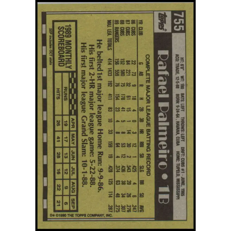 1990 Topps #755 Rafael Palmeiro NM-MT Texas Rangers Baseball Card - Baseball Card Single