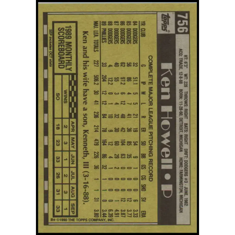 1990 Topps #756 Ken Howell NM-MT Philadelphia Phillies Baseball Card - Baseball Card Single