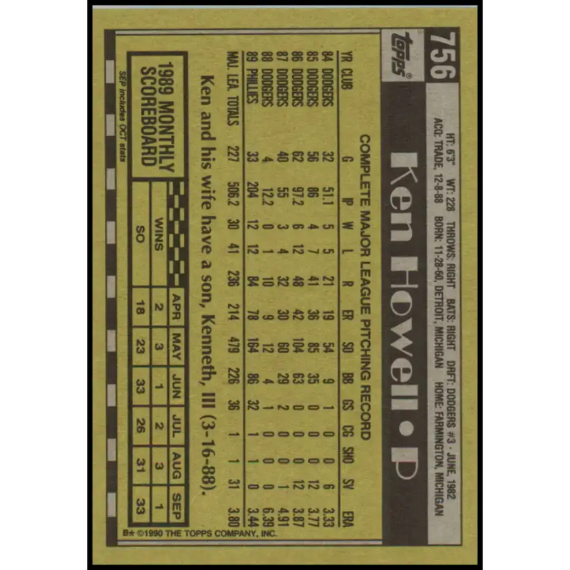 1990 Topps #756 Ken Howell NM-MT Philadelphia Phillies Baseball Card - Baseball Card Single