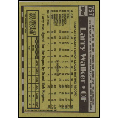 1990 Topps #757 Larry Walker NM-MT RC Rookie Montreal Expos Baseball Card