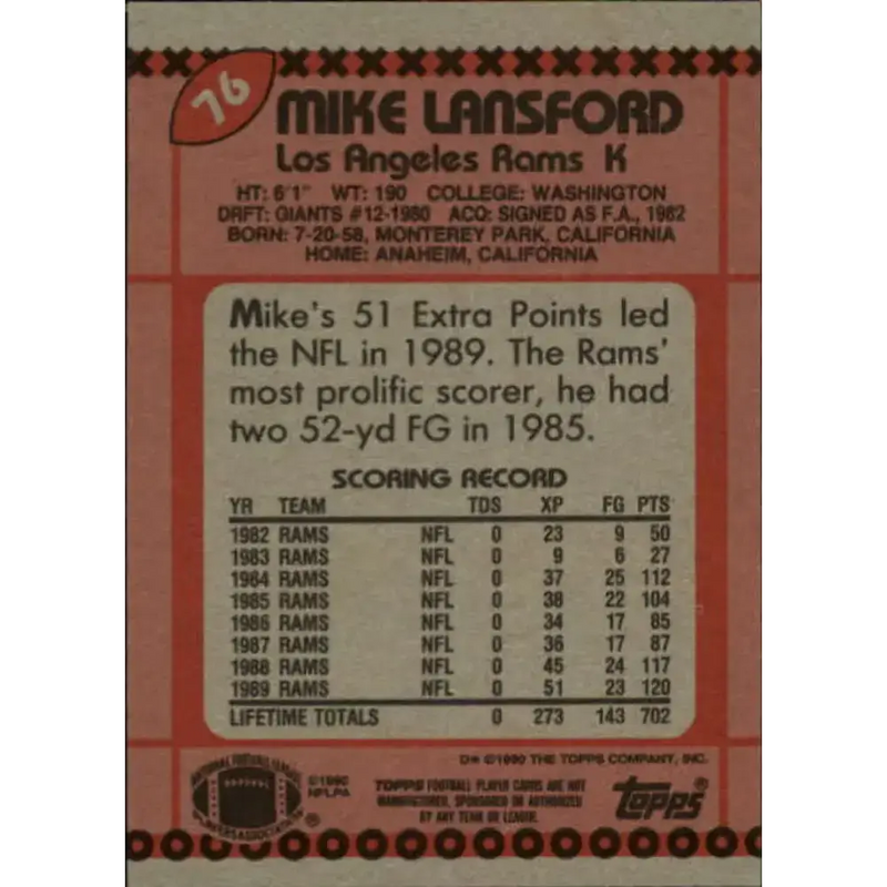 1990 Topps #76 Mike Lansford EX Excellent Los Angeles Rams Football Card