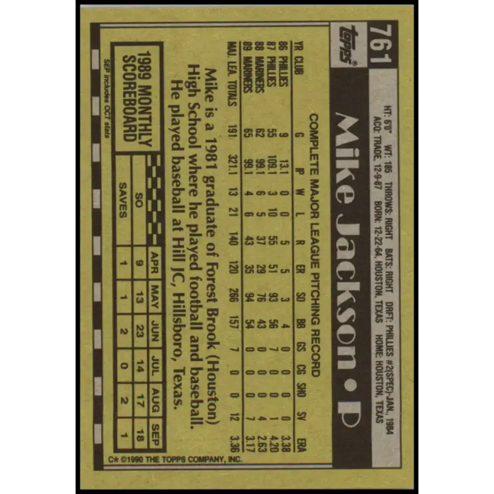 1990 Topps #761 Mike Jackson NM-MT Seattle Mariners Baseball Card - Baseball Card Single