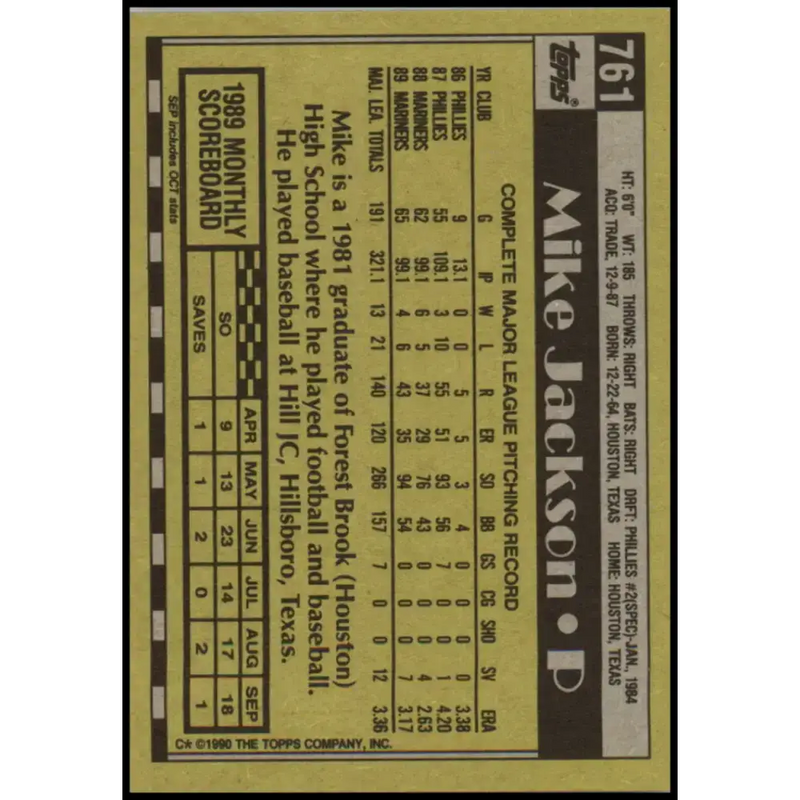 1990 Topps #761 Mike Jackson NM-MT Seattle Mariners Baseball Card - Baseball Card Single