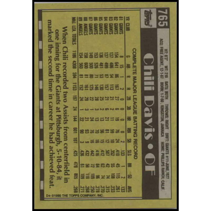 1990 Topps #765 Chili Davis NM-MT California Angels Baseball Card - Baseball Card Single