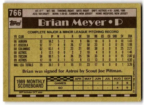 1990 Topps #766 Brian Meyer EX/NM Astros ID:43437 - Baseball Card Single