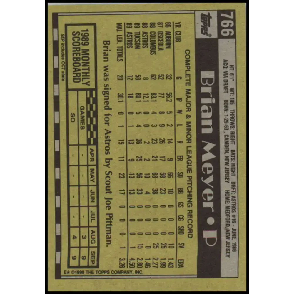 1990 Topps #766 Brian Meyer NM-MT Houston Astros Baseball Card - Baseball Card Single