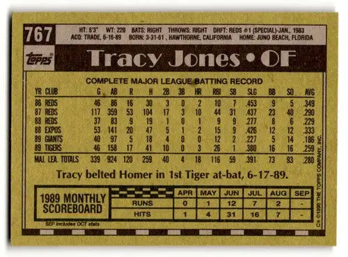 1990 Topps #767 Tracy Jones Detroit Tigers Baseball Cards EX/NM ID:55636 - Baseball Card Single